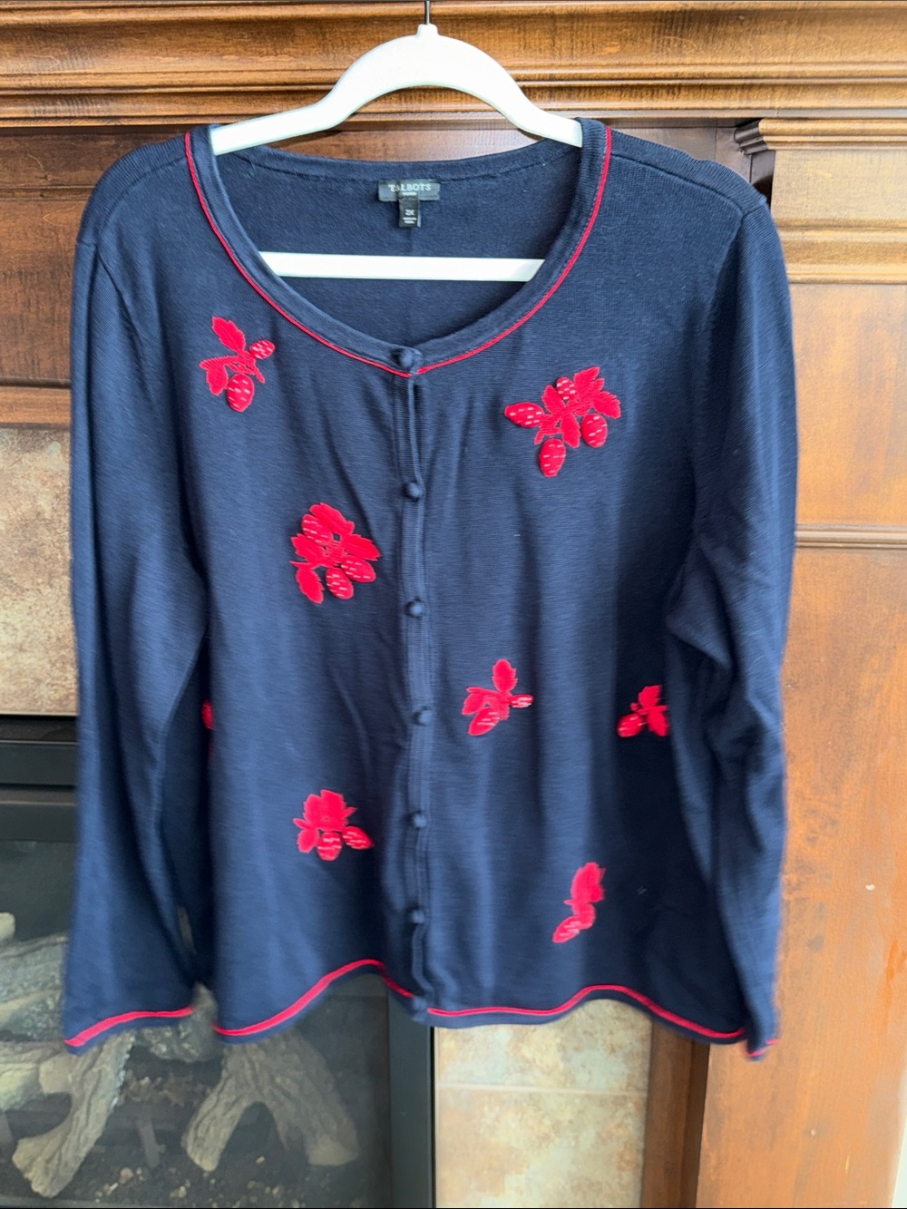 Talbots Navy Cardigan Sweater Red Strawberry Appliqué 2X Cottagecore Coastal